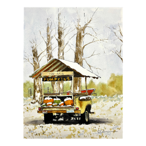 Original Watercolor Ink and Wash Painting “Pumpkin Cart”