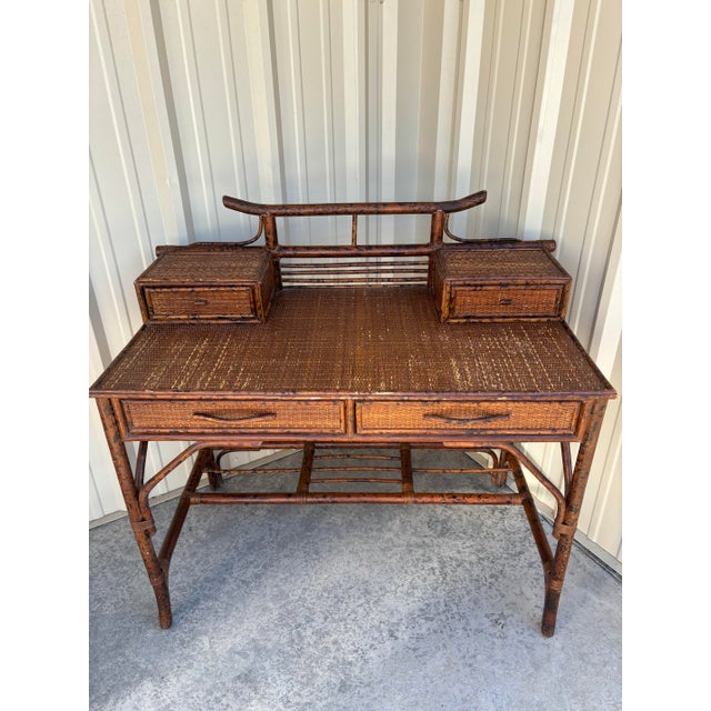 1980s British Colonial Tortoise Shell Faux Bamboo Campaign Style Writing Desk and Pagoda Style Cane For Sale In Louisville - Image 6 of 9