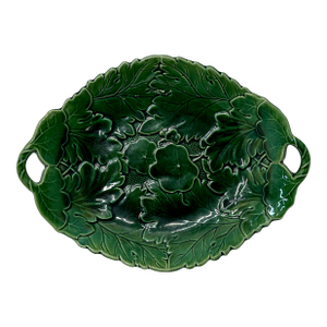 1900s Antique Green English Embossed Leaf Majolica Two Handle Serving Tray - 12 Inches Long