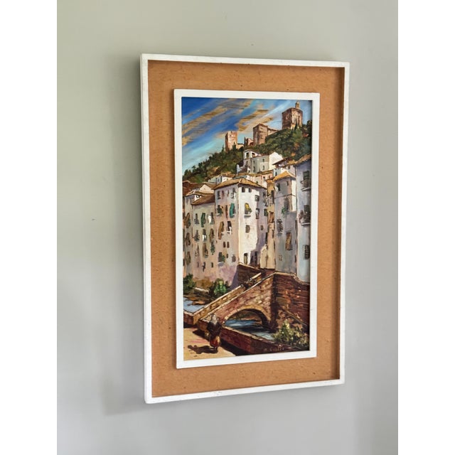Spanish Vintage Spanish Hillside Village Oil Painting by M. Castro, Signed For Sale - Image 3 of 11