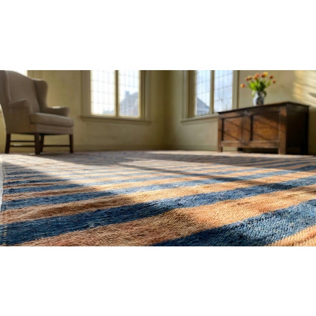 1920s Apricot Blue Stripe Antique Indian Cotton Dhurrie Carpet 9'7" X 15'3" Flatweave Wool Rug For Sale - Image 13 of 15