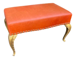 French Deco Gilt-Wood Palm Leaf Orange Leather Bench by Randy Esada Designs