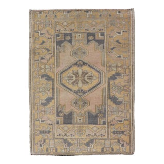 Vintage Oushak Rug From Turkey With Medallion Design in Yellow, Pink, Grey Blue For Sale
