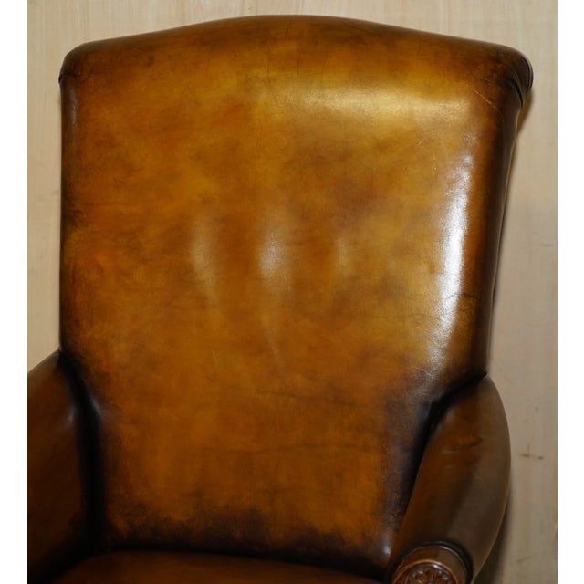 Pair of Antique Heavily Carved Hand Dyed Brown Leather Throne Armchairs For Sale - Image 18 of 18