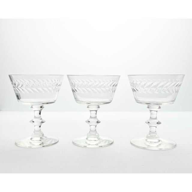 1940s Vintage Set of 3 Coupe Champagne Glasses 4 5/8” 6oz Laurel Leaf Etching Excellent condition. No chips, cracks, or...
