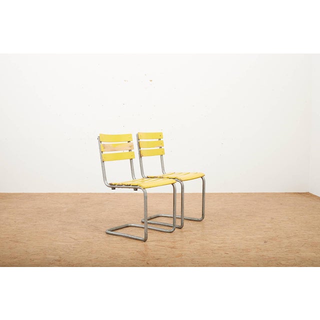 Stackable Yellow Model 1023 Garden Chair Set in Galvanized Steel Tubing and Wooden Slats by Embru, 1934, Set of 2 For Sale - Image 11 of 14