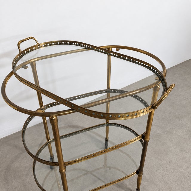 Gold Vintage Brass and Glass Three-Tier Serving Trolley, 1950s For Sale - Image 8 of 9