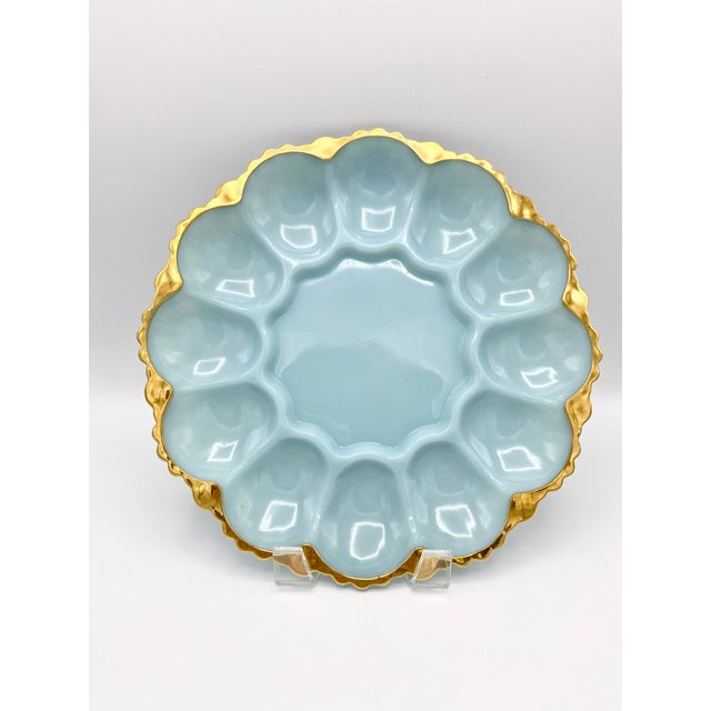 Vintage Fire King Blue Milk Glass Deviled Egg Plate With Gold Trim