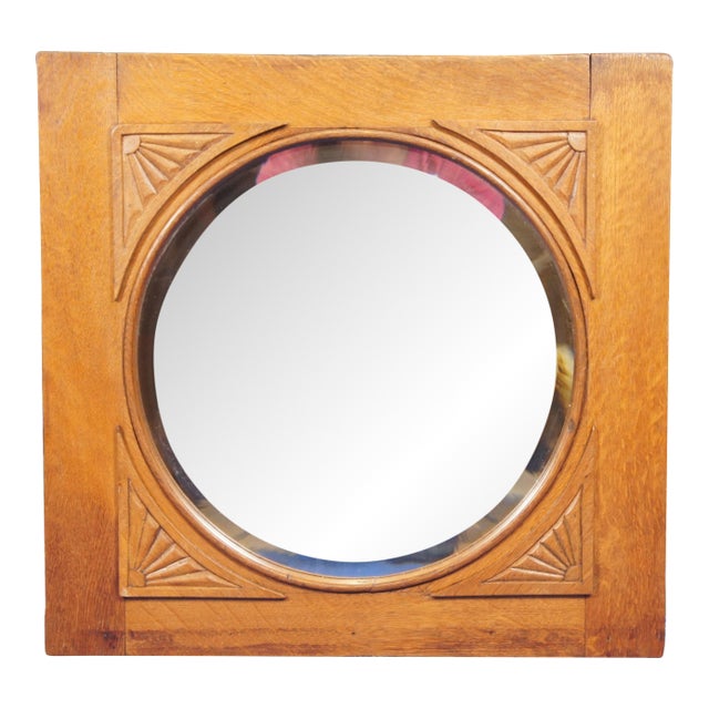 Antique Victorian Carved Oak Reclaimed Wall Hanging Mirror Beveled Glass For Sale