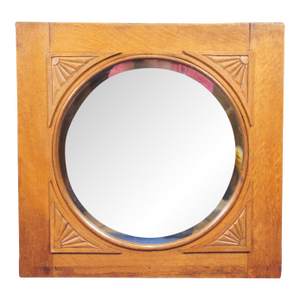 Antique Victorian Carved Oak Reclaimed Wall Hanging Mirror Beveled Glass
