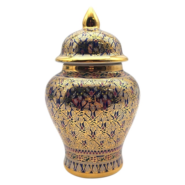 Metal Late 20th Century Thai Benjarong Hand-Painted Gilt Porcelain Covered Jar 6.6" For Sale - Image 7 of 17