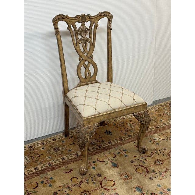 Cream Maitland Smith Trellis Print Chippendale Style Arm Chair For Sale - Image 8 of 12