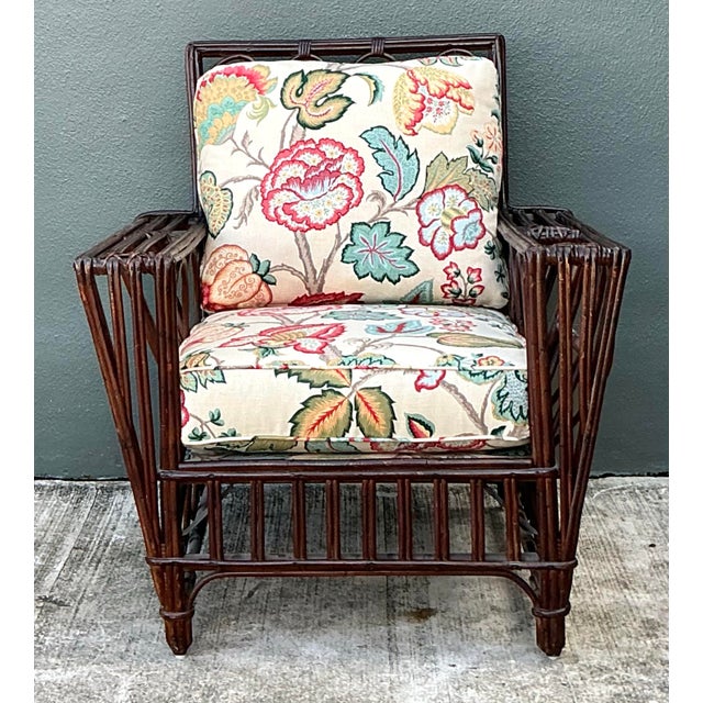 Vintage Stick Rattan Lounge Chair in Vintage Schumacher Paisley For Sale In West Palm - Image 6 of 12