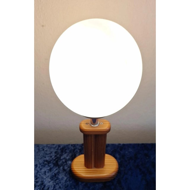 Vintage Table Lamp with Pinewood Base and Opaque White Glass Shade by Linus Bopp, 1970s For Sale - Image 3 of 8