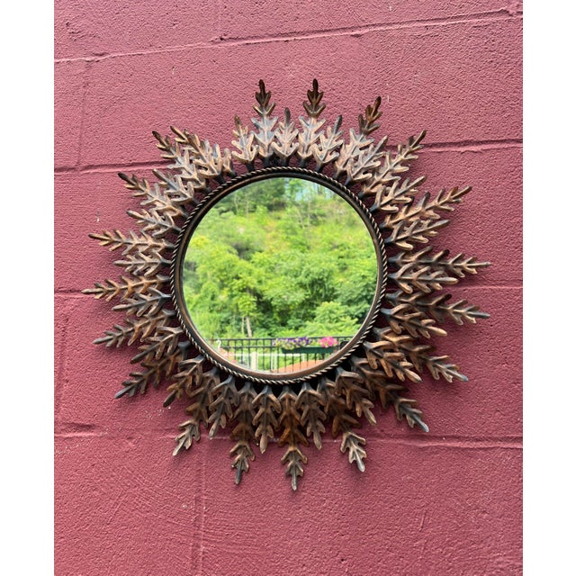Bronze Spanish 1950's Round Gilt Metal Sunburst Mirror For Sale - Image 8 of 12