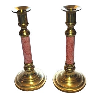 Vintage Brass & Pink Ceramic Marbleized Candle Holders- a Pair For Sale