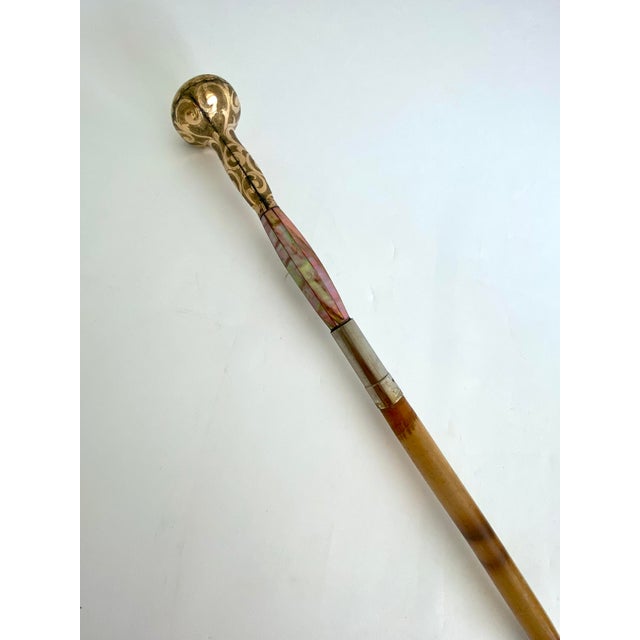 Mid 19th Century Victorian Gold Plated Mother of Pearl Walking Stick For Sale - Image 5 of 10