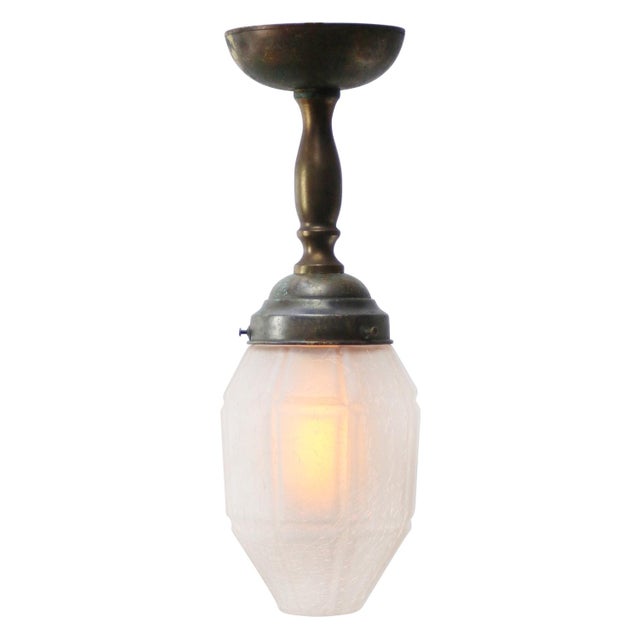 Metal Art Deco Brass and Frosted Glass Flush Mount For Sale - Image 7 of 8