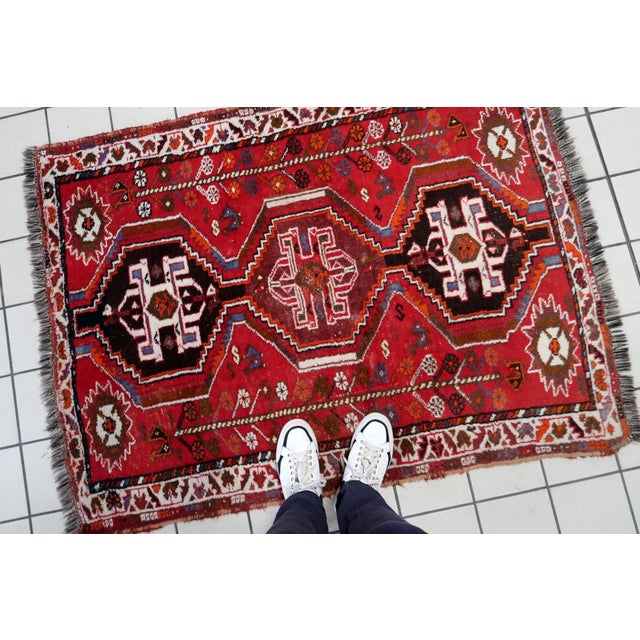 Tribal 1940s, Vintage Persian Shiraz Rug, Tribal Triple Medallion, Red Field, 4 X 5 For Sale - Image 3 of 11