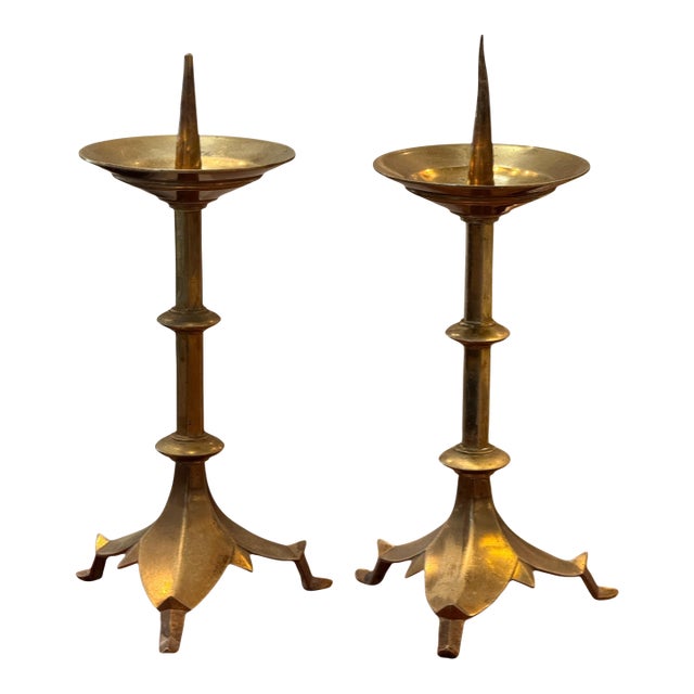 Pair of Brass Altarsticks With Petal-Shaped Tripod Bases For Sale