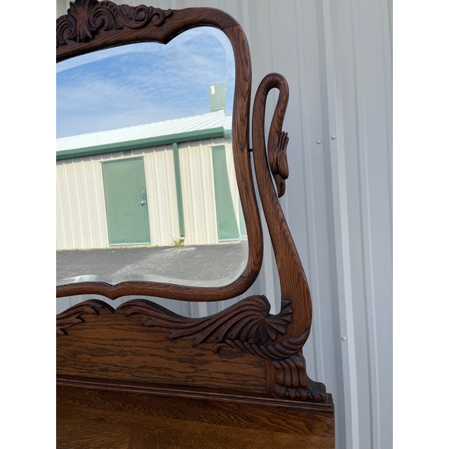 Early American Tiger Oak Dresser With Carved Swan Mirror For Sale - Image 12 of 12