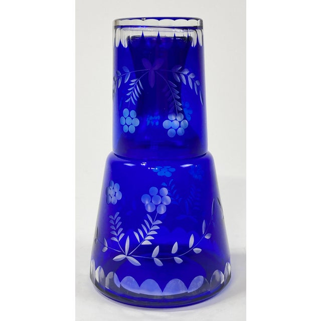 Bohemia Vintage Bohemian Cobalt Blue Cut Crystal "Tumble Up" Carafe and Glass For Sale - Image 4 of 8