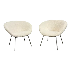 Pair of Arne Jacobsen Pot Chairs Reupholstered in Faux White Shearling