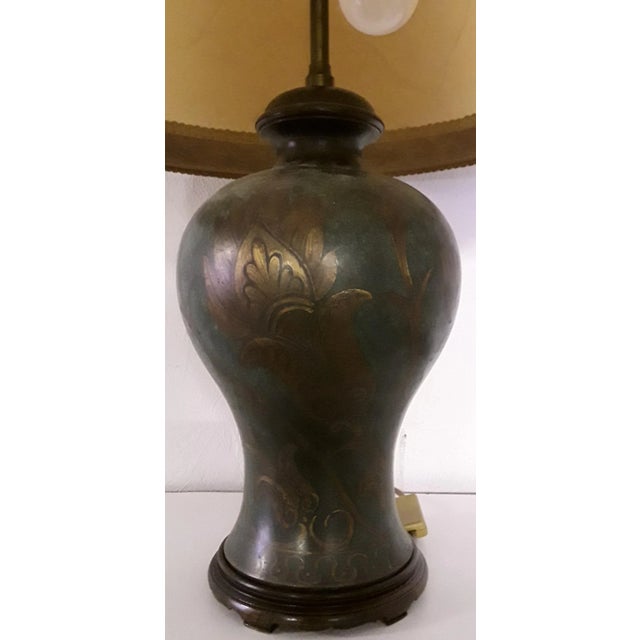 Table Lamp with Green Patinated Brass Base & Parchment Shade with Brown Border, 1930s For Sale - Image 4 of 10