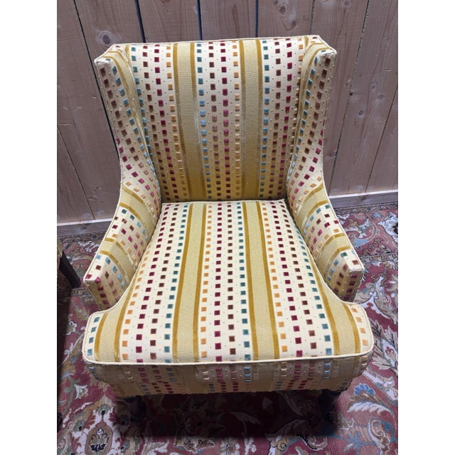 Napoleon III Wingback Armchairs in Multicoloured Striped Velvet, Set of 2 For Sale - Image 3 of 7