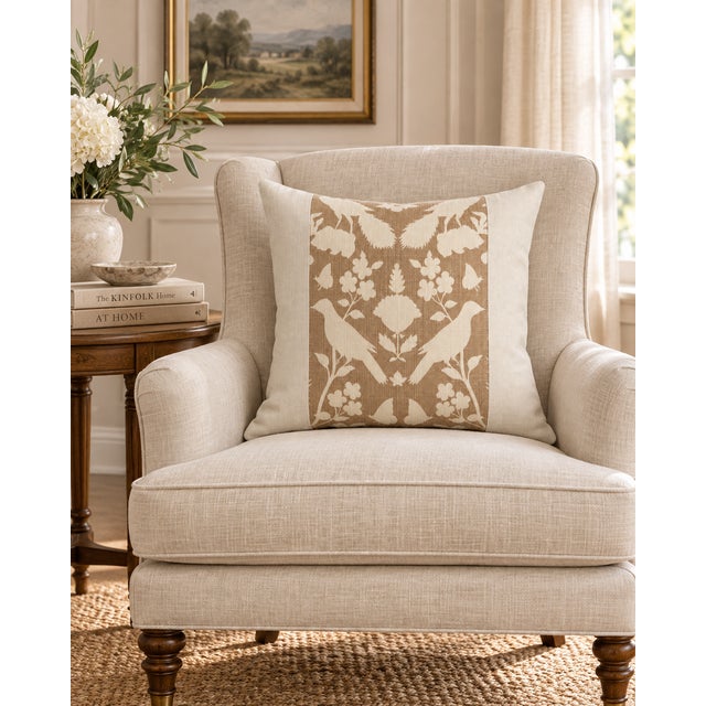 One Schumacher Chenanceau pillow with a rich linen border and back, down and feather insert, knife edge and invisable...