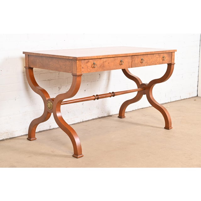 Baker Furniture Company Baker Furniture Regency Burl Wood Writing Desk or Library Table, Newly Refinished For Sale - Image 4 of 12