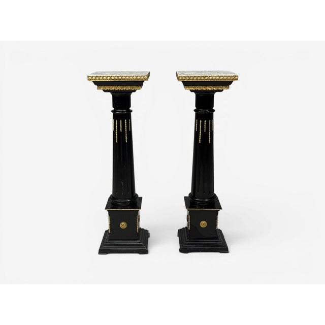 Hollywood Regency, Marble Top Pedestals, Ebonized Wood, Bronze, France, 1960s For Sale - Image 4 of 11