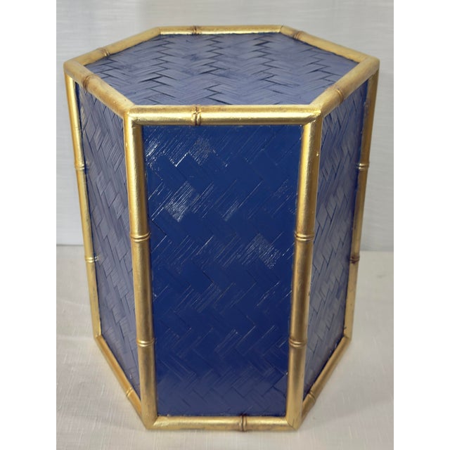 Blue Stunning Vintage Hexagonal Blue and Gold Drink Table in Thomas O'Brien for Century Style – Newly Painted Woven Rattan and Faux Bamboo For Sale - Image 8 of 9