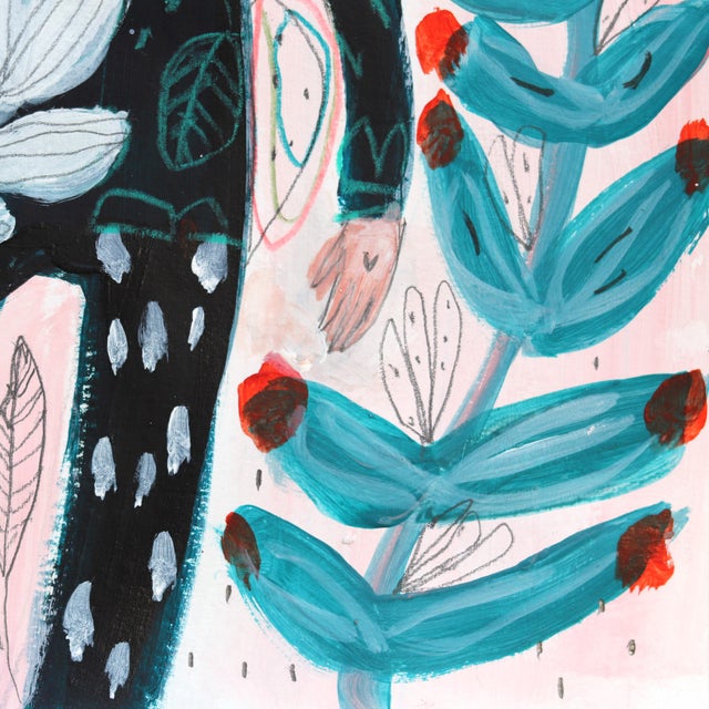 Blue Flowers and Colored Threads - Whimsical Fantasy Figurative Art on Paper Original Artwork by Silvia Pavarini For Sale In Los Angeles - Image 6 of 7