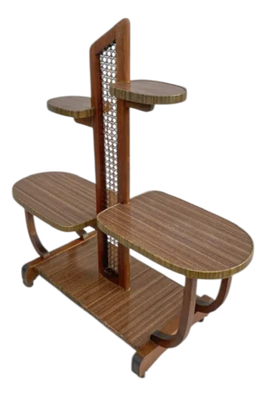 Vintage Cane and Wood Mobile Plant Stand with Shelves, 1960s