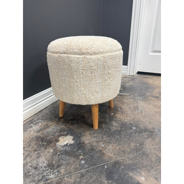 Turkish Vintage Handwoven Hemp Pouf Beige & Teal 1960s For Sale - Image 3 of 6