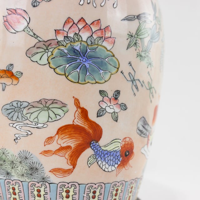 Peach Large Vintage Chinese Porcelain Table Lamp With Mandarin Ducks and Floral Motif For Sale - Image 8 of 11