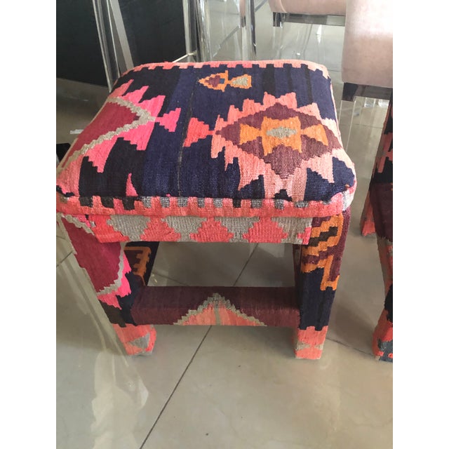 Vintage Boho Kilim Rug Upholstered Benches Stools Ottomans A Pair