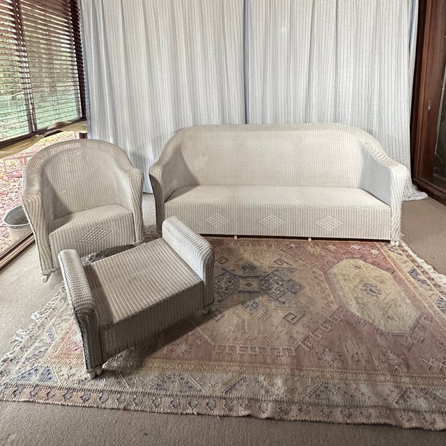 Lloyd Manufacturing Co. Vintage Lloyd Looms - 3 Piece Wicker Set: Sofa, Rocking Chair, Foot Stool/Side Table, 3 Pieces For Sale - Image 4 of 17