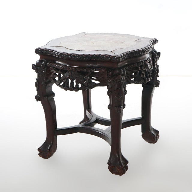 Antique Chinese Carved Rosewood Marble Top Low Table 1890 For Sale - Image 6 of 8