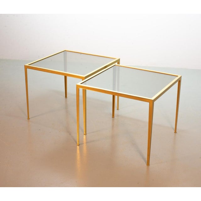 Elegant Minimalistic Solid Brass Side Tables with Smokey Glass Top by Vereinigte Werkstätten. Set of 2. Manuractured in...