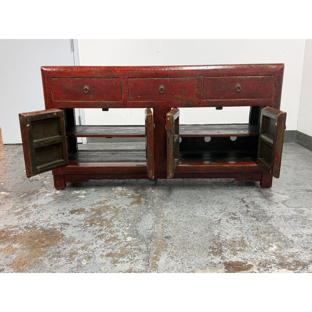 Late 20th Century Asian Red Distressed Lacquered Sideboard, Vintage For Sale - Image 5 of 12