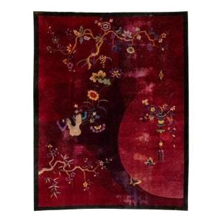 Antique 1920s Chinese Art Deco Wool Rug in Rich Ruby, Plum & Magenta 9x11 For Sale
