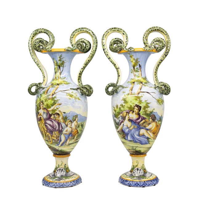 Pair of Italian Maiolica Vases, Coiled Snake Handles, Ca. 1880 For Sale - Image 10 of 10