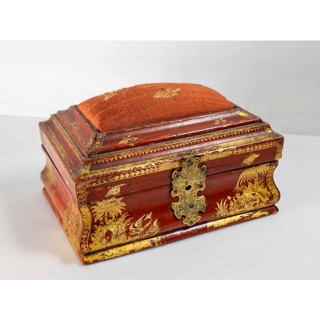 19th Century 19th Century English or French Red Lacquer Gilt Chinoiserie Sewing Box For Sale - Image 5 of 16