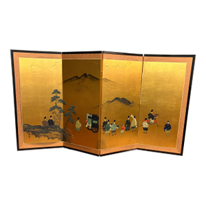 Japanese Four Panel Byōbu Folding Screen With Court Procession Scene