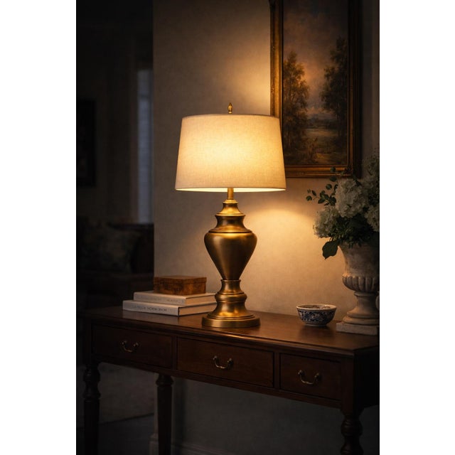 Late 20th Century Vintage Antiqued Brass Urn Table Lamp With Linen Drum Shade – 28” Traditional Neoclassical Lighting For Sale - Image 5 of 9