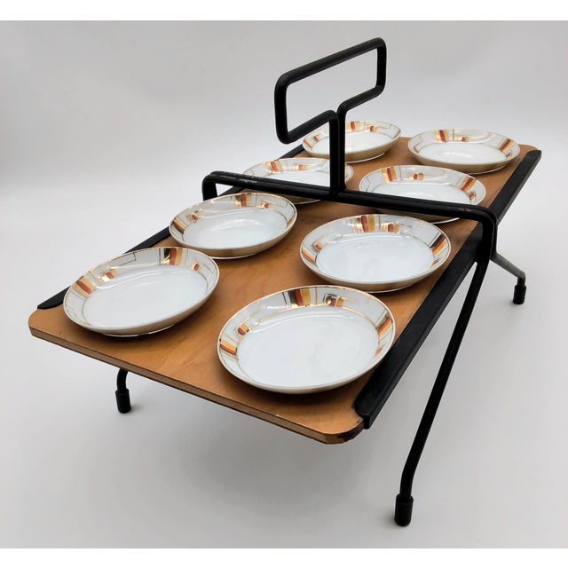 Rare Set of MCM Serving Plates and Wood Carry Holder Set of 9 For Sale - Image 4 of 12