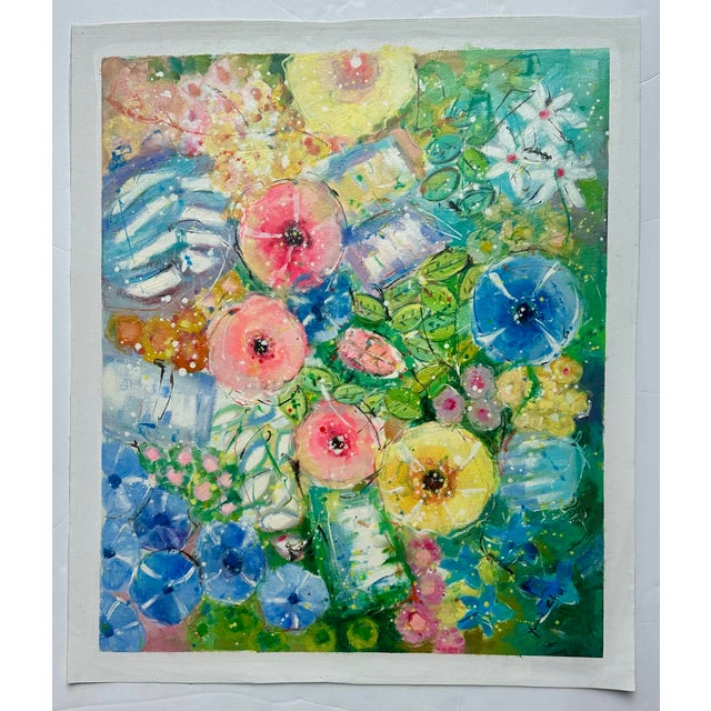 Modern Abstract Floral Painting on Canvas, 20 X 24, Unstretched, by Youn Cho For Sale - Image 6 of 6