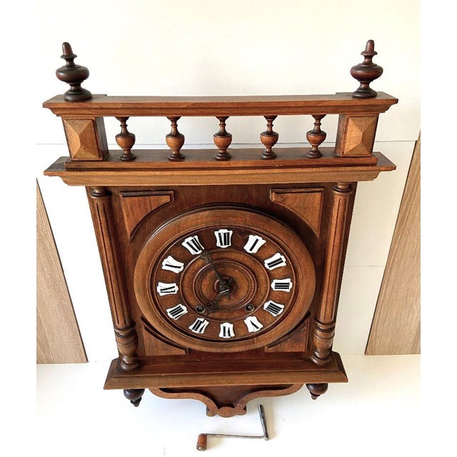 Large Antique French Mechanical Wall Clock in Wood, 1880s For Sale - Image 5 of 13